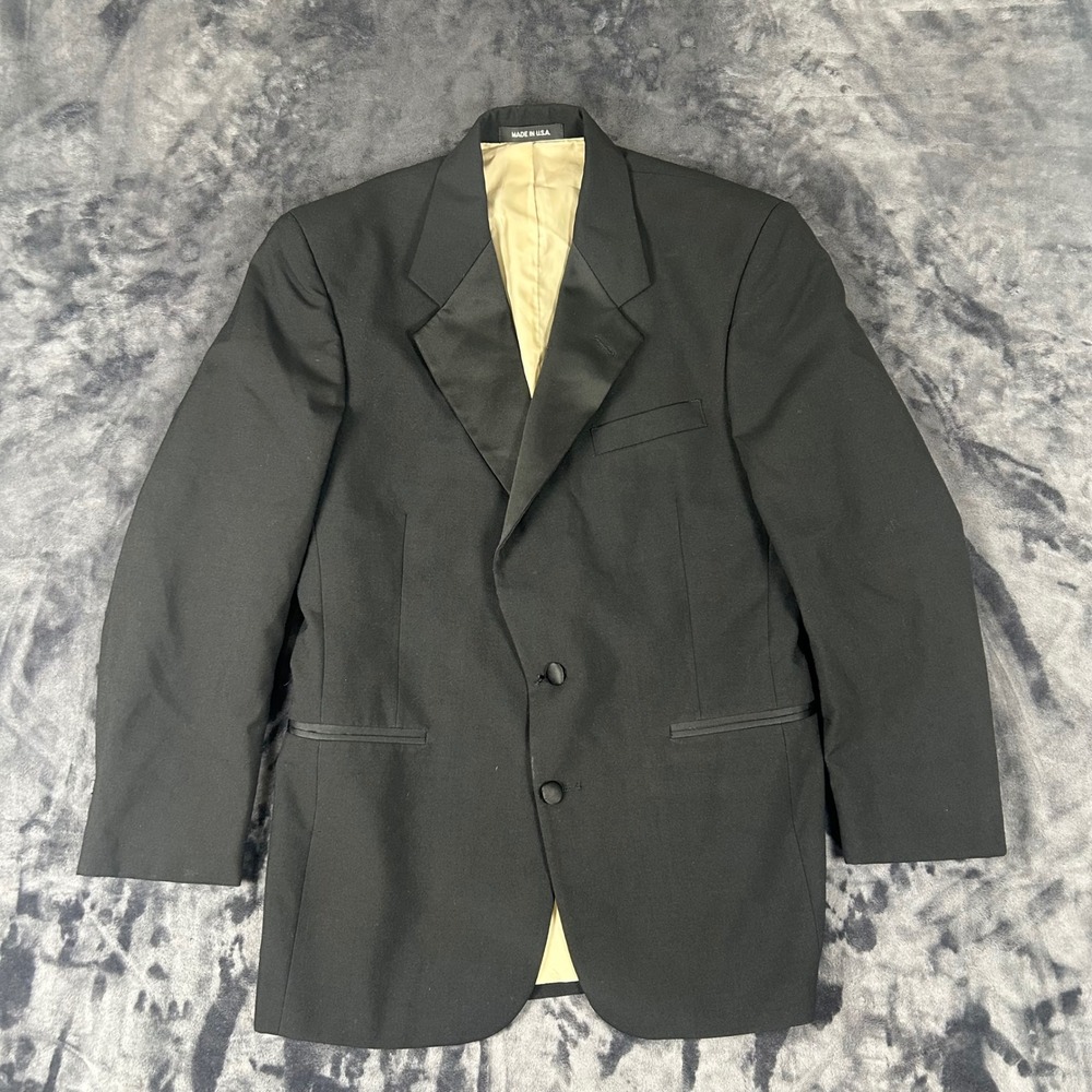 Chaps Ralph Lauren Tuxedo Jacket Mens 36S Black Satin Peak Lapel Made in USA